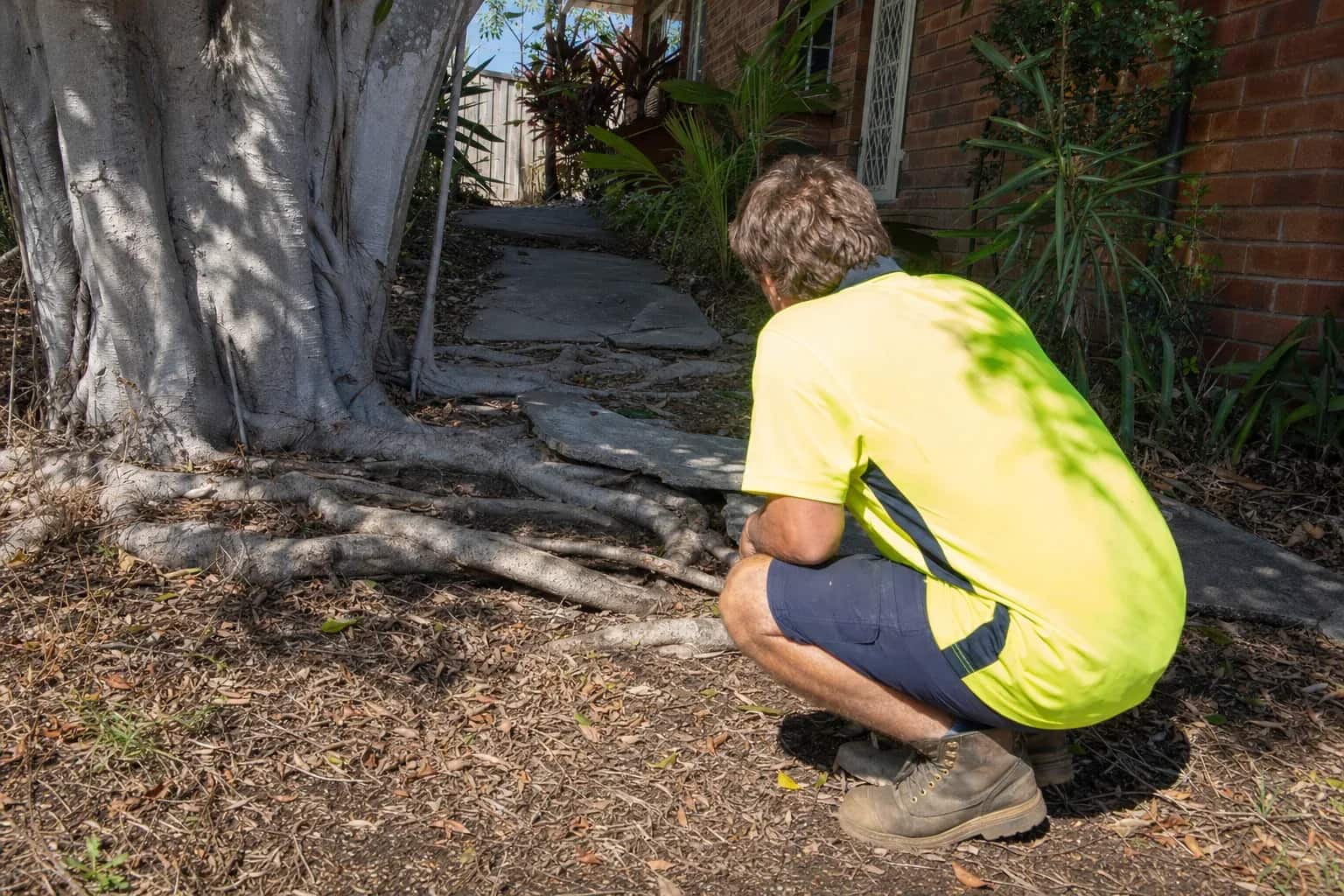 Worker in plain hi-vis crouching to inspect the exposed buttress roots of a fig where they run under a paved path