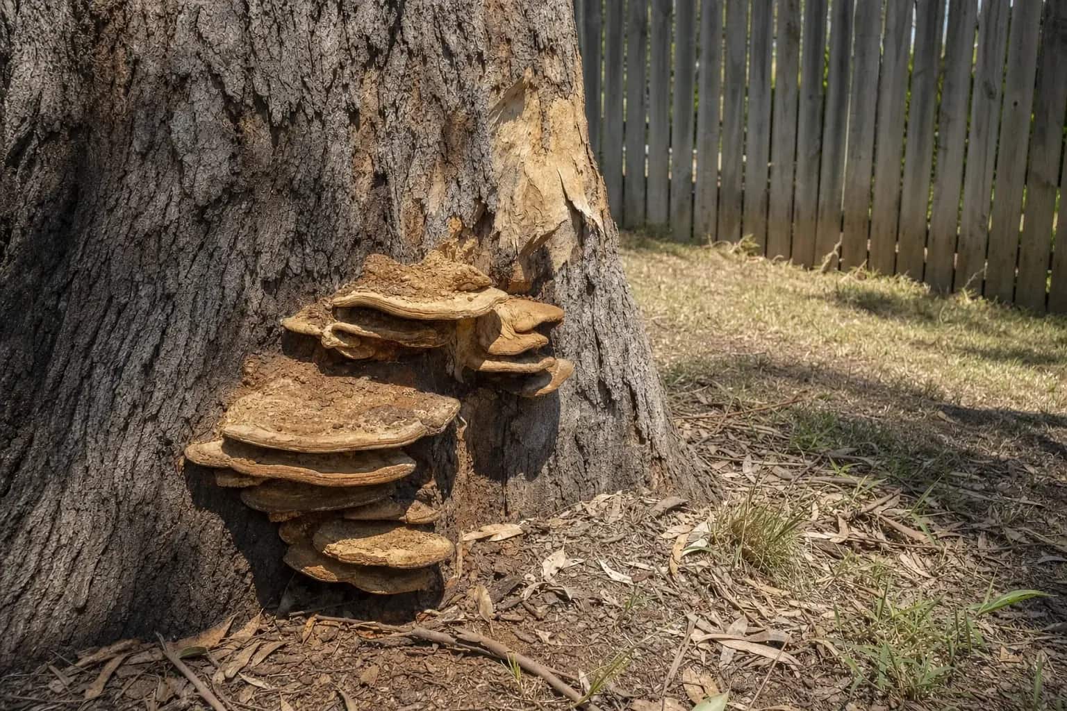 Hard shelf-like fungal brackets growing from the base of a tree trunk beside a Queensland back fence