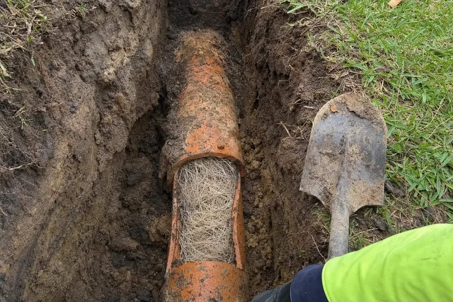 A cut section of old terracotta sewer pipe in an open trench packed with a dense mat of fine tree roots