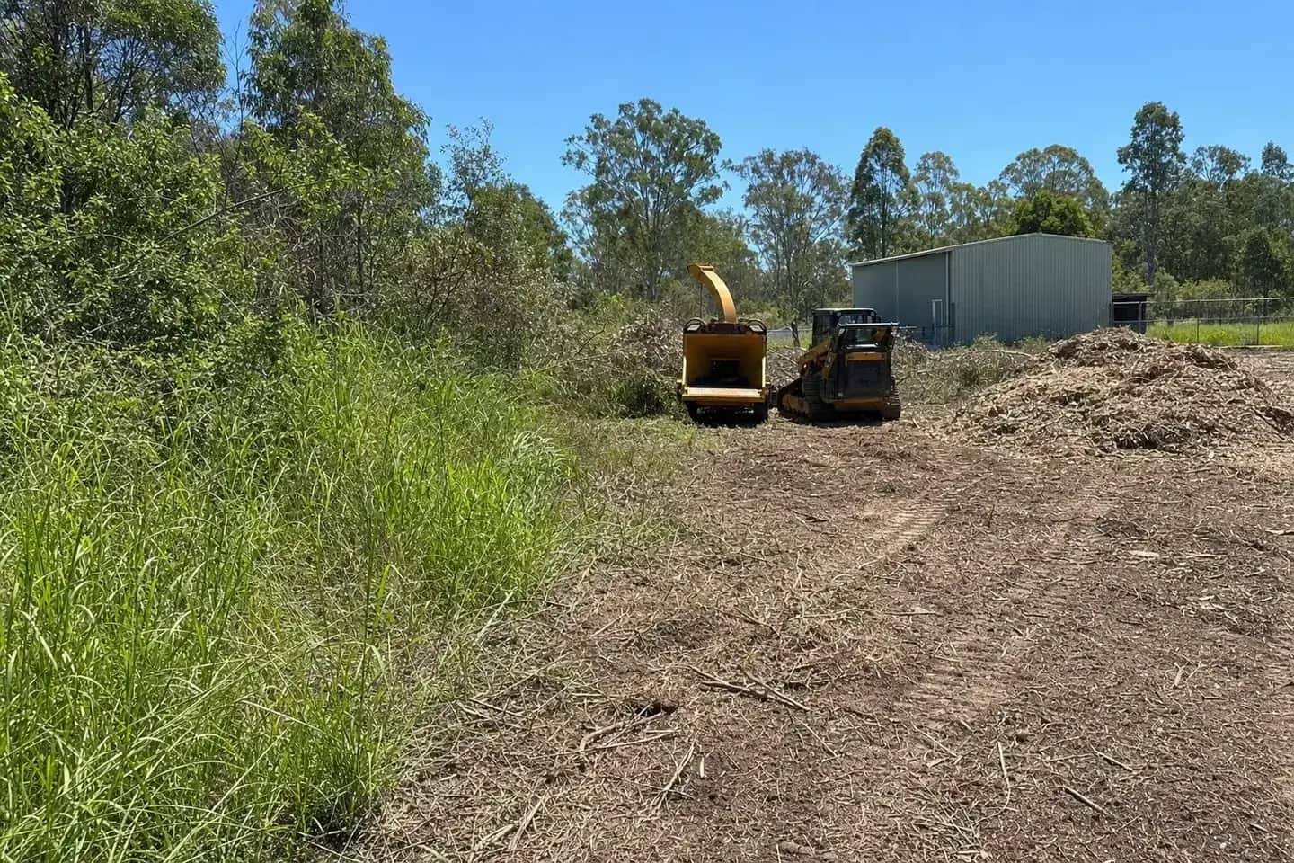 Overgrown rural block part way through clearing near Caboolture, with cleared ground and a heap of woodchip mulch on one side