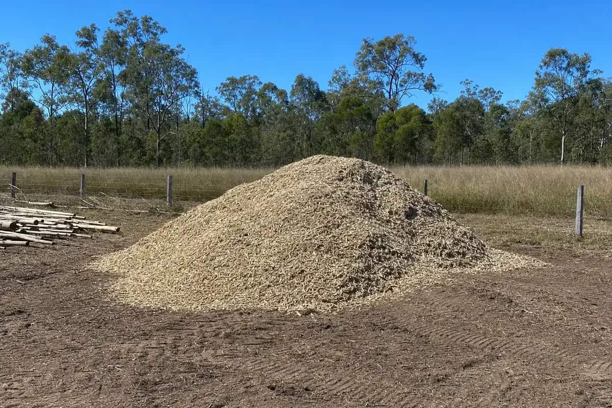Heap of fresh woodchip mulch on cleared ground beside a wire farm fence on a rural block