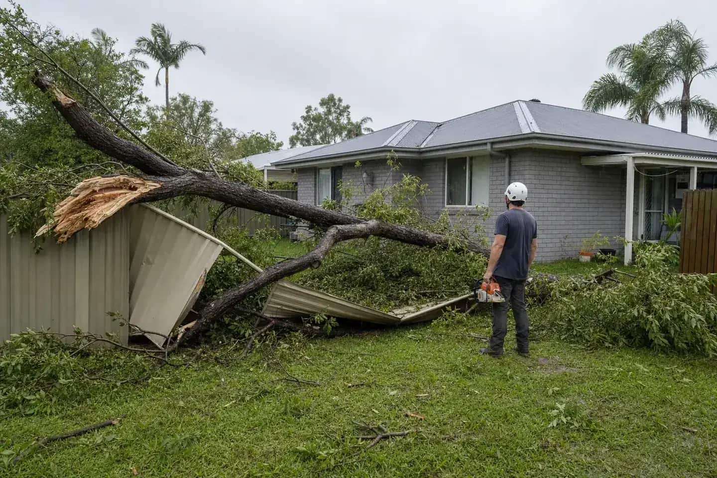 Large storm-damaged tree limb lying across a flattened colorbond fence in a Caboolture back yard